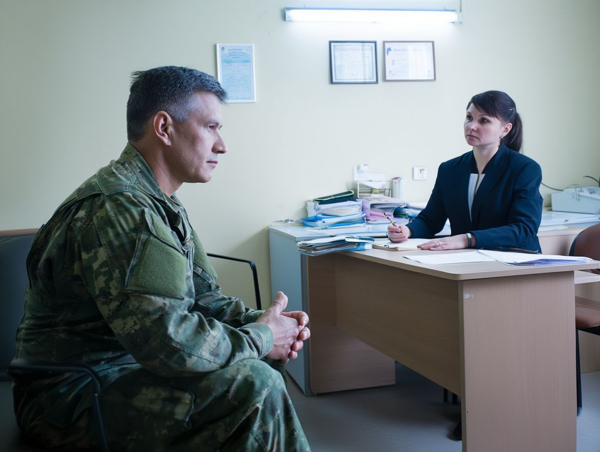 Ветеран войны в военной форме на приеме у психолога